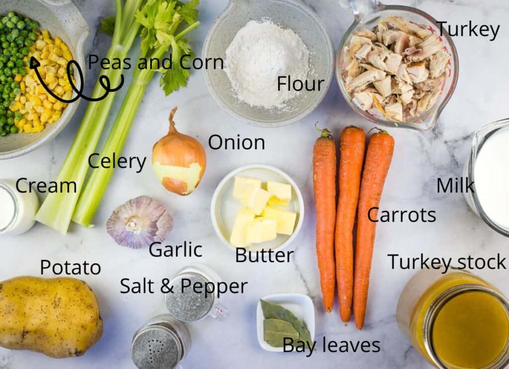 Labeled ingredients to make Turkey Pot Pie Soup.