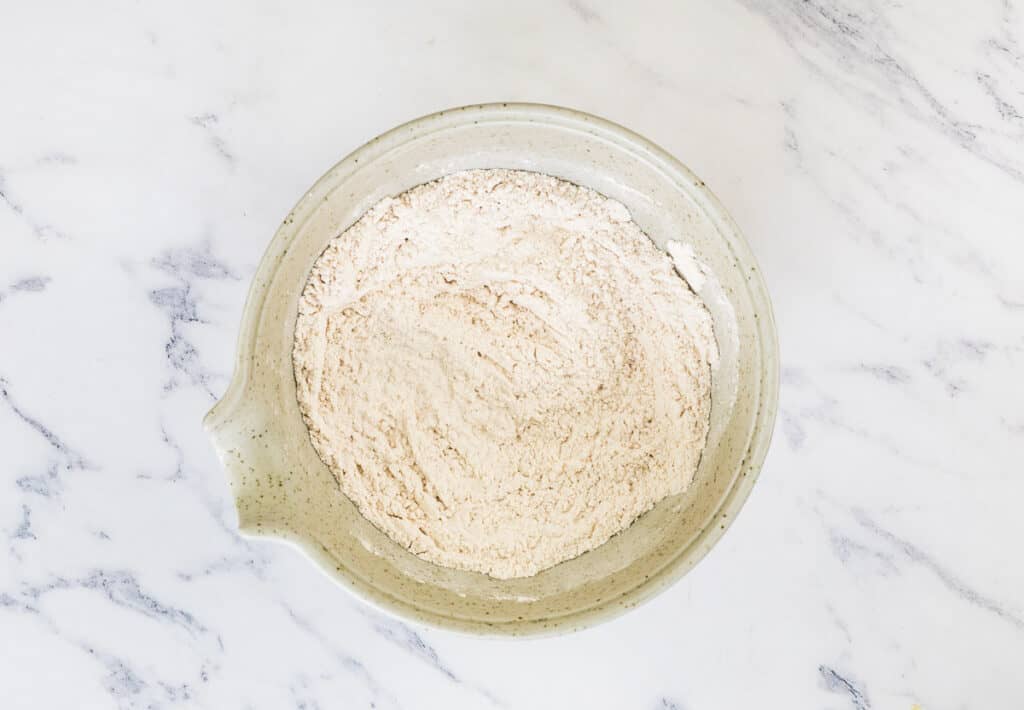 Dry ingredients mixed in a bowl.