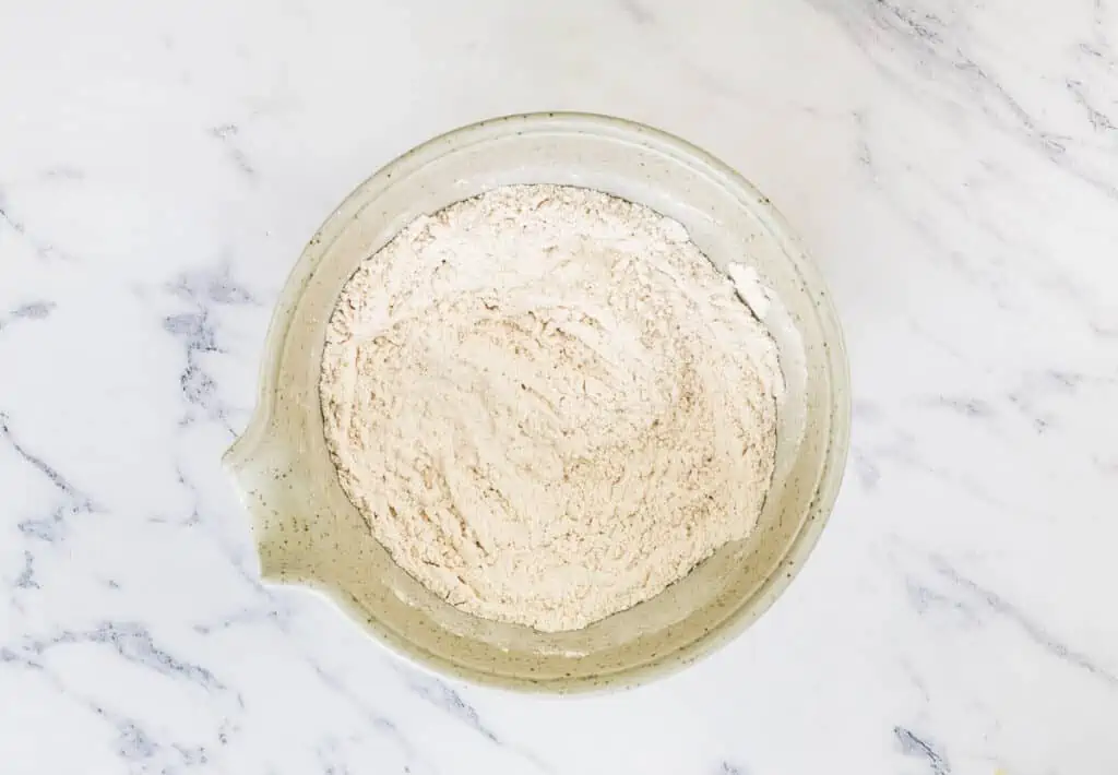 Dry ingredients mixed in a bowl.