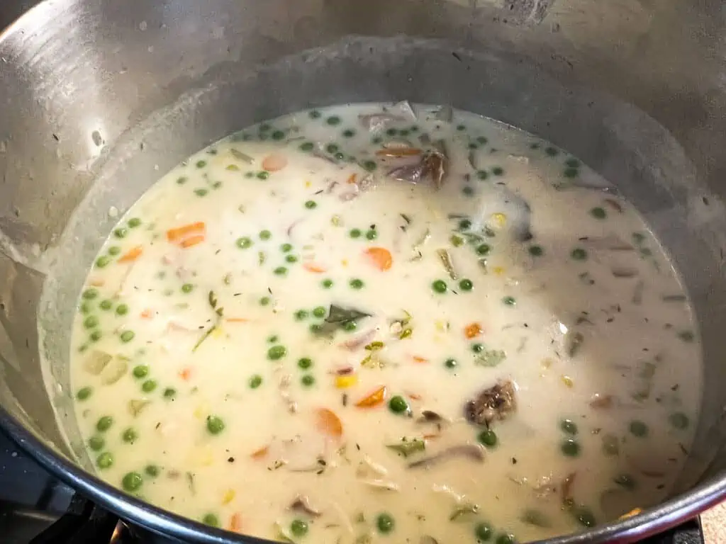 Remaining ingredients added to the Turkey Pot Pie soup.