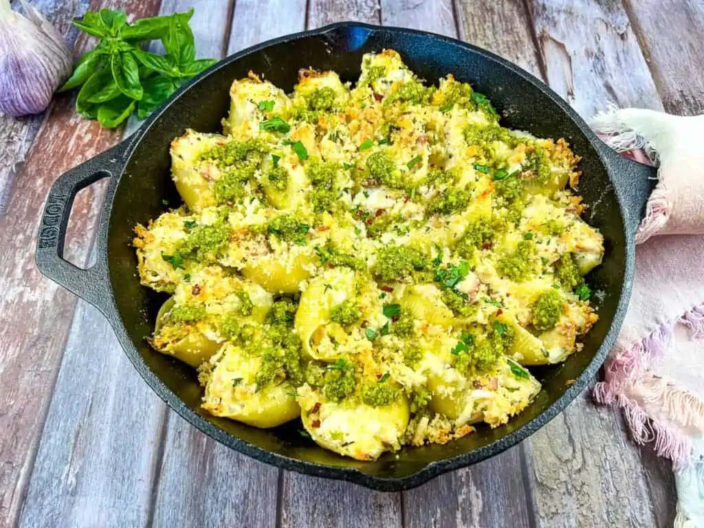 Baked and drizzled with pesto.