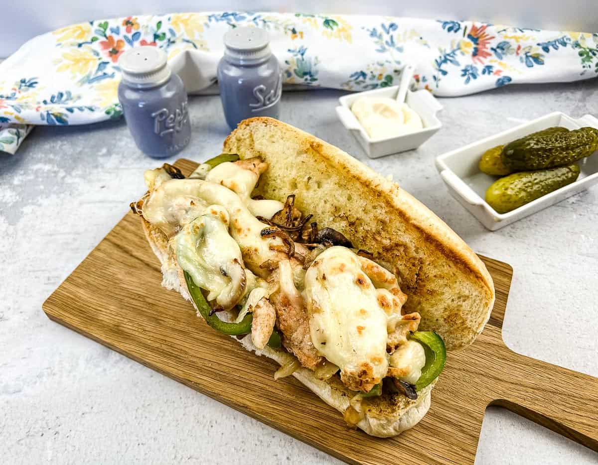 A finished Blackstone Chicken Philly Cheesesteak.