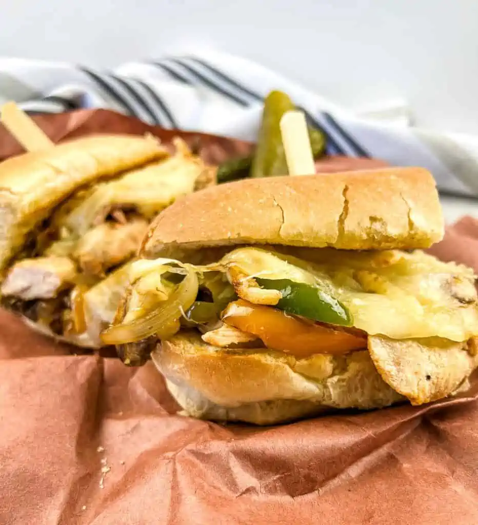 Blackstone Chicken Philly Cheesesteak Sandwich on sandwich paper.