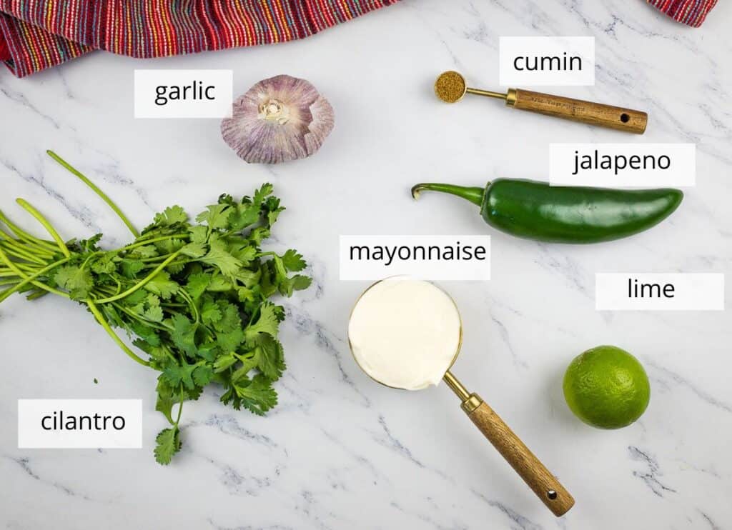 Labeled ingredients to make cilantro-jalapeno aioli.