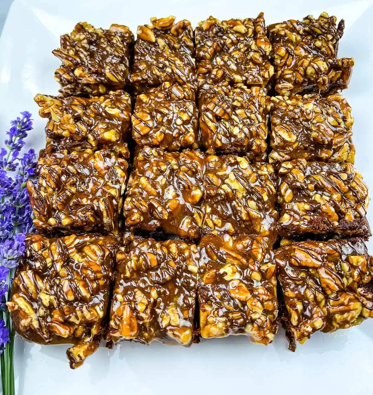 Turtle brownies cut into squares.