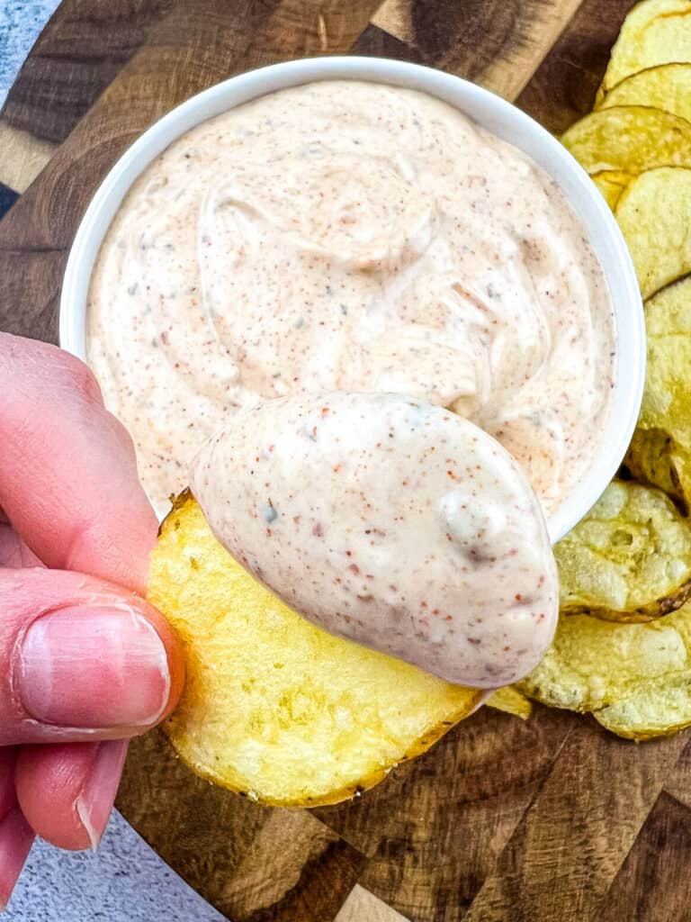 Cajun dip on a potato chip.