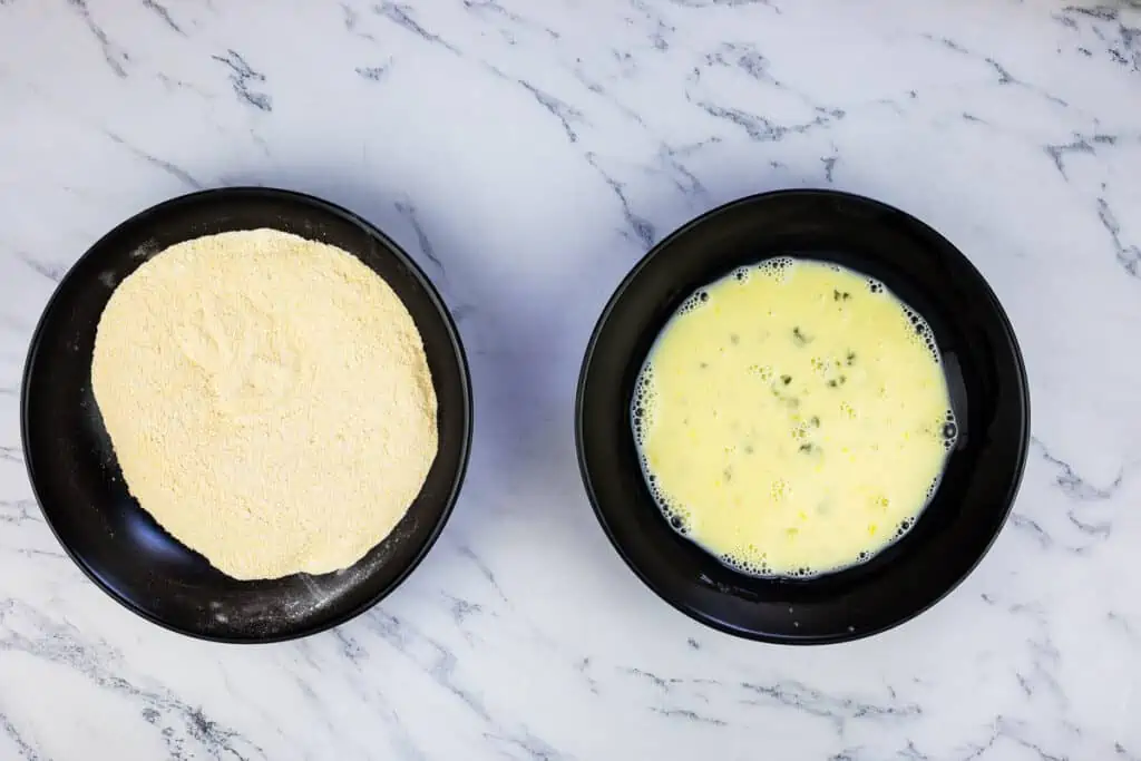 Mixed dry ingredients in one bowl, mixed wet ingredients in another bolw.
