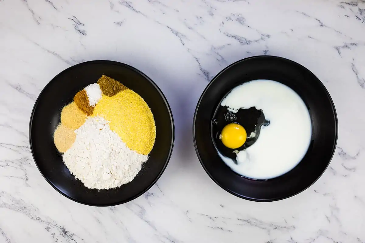 One bowl with dry ingredients, one bowl with wet ingredients.