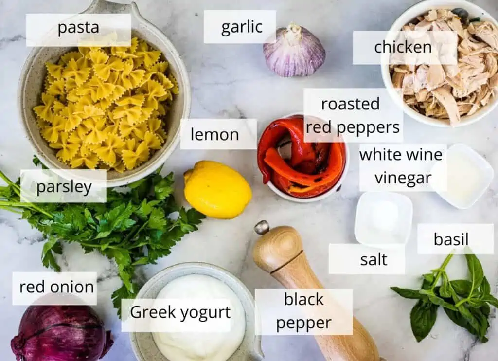 Labeled ingredients to make Rotisserie Chicken Pasta Salad.