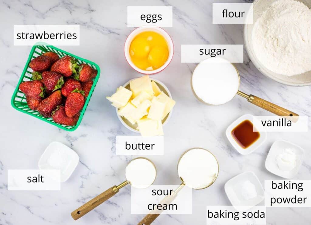 Labeled ingredients to make Strawberry Upside Down Cake.