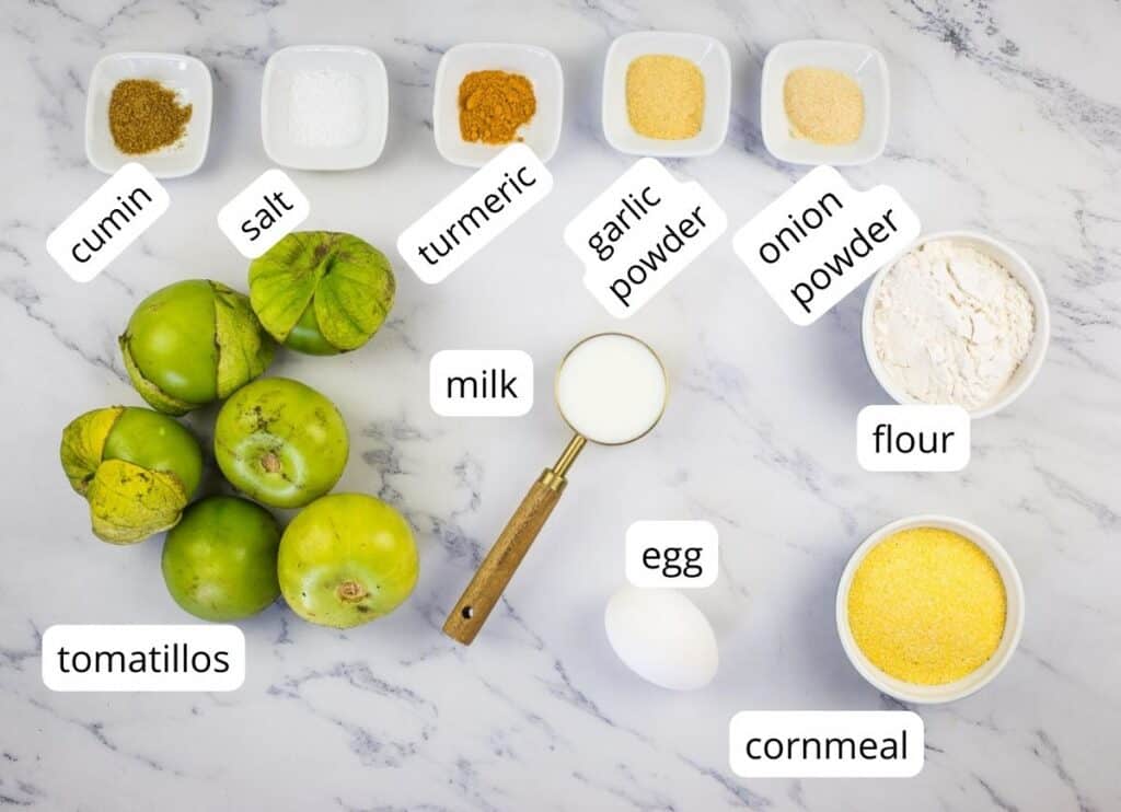 Labeled ingredients to make fried tomatillos.