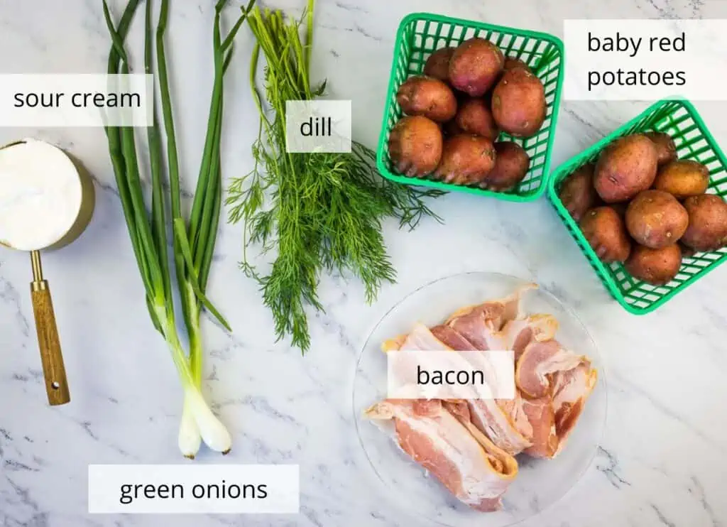 Labeled ingredients to make Potatoes with Sour Cream and Bacon.