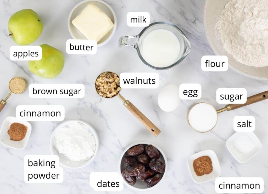 Labeled ingredients to make Apple, Date, and Walnut Muffins.