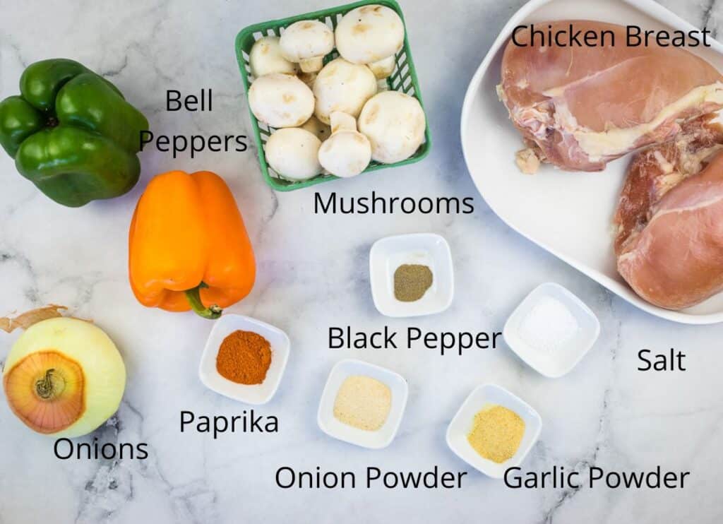 Labeled Blackstone Chicken Philly cheesesteak ingredients.
