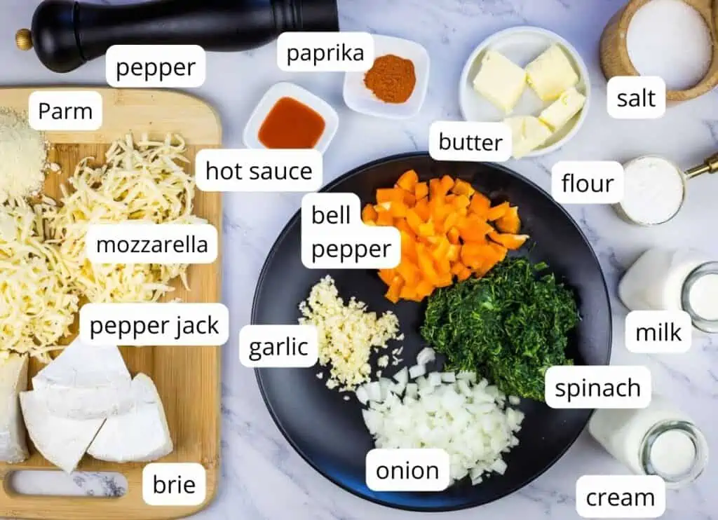 Labeled ingredients to make Spinach Brie Dip.