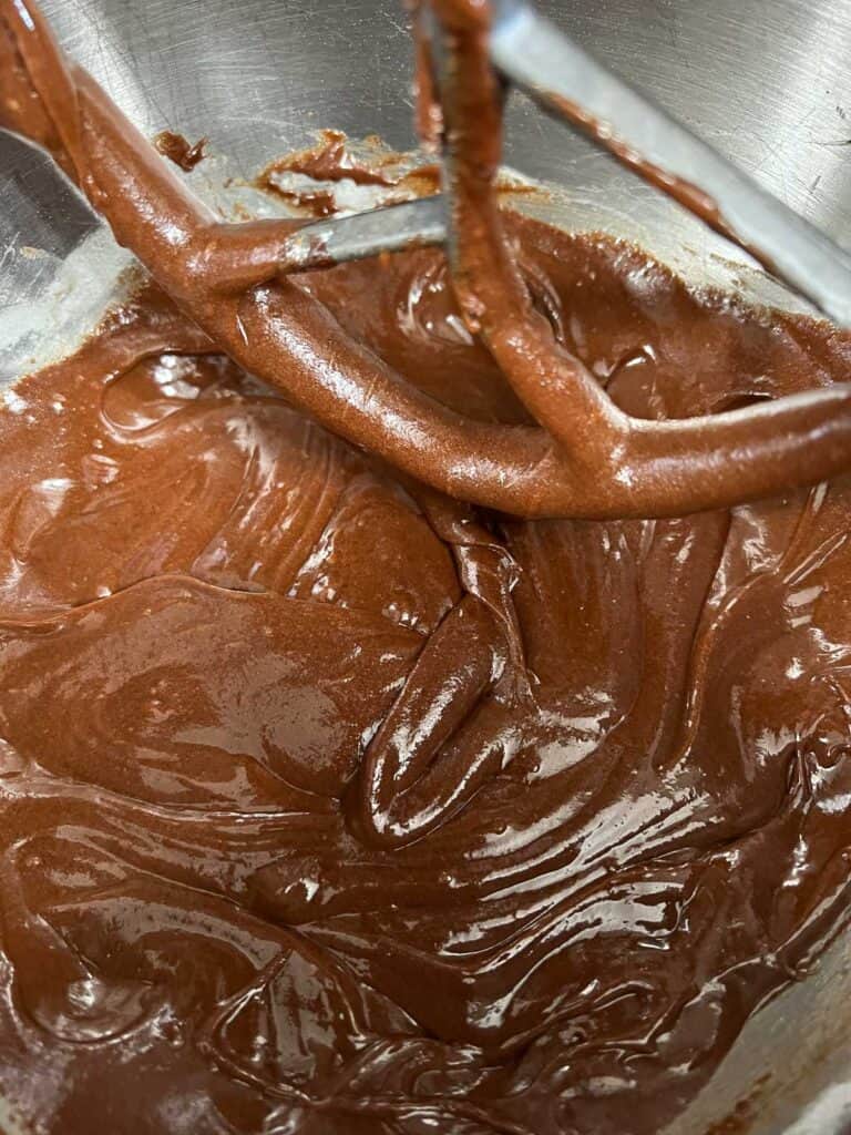 dry ingredients mixed into eggs and cholate.