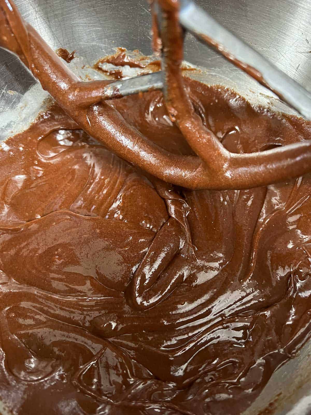 dry ingredients mixed into eggs and cholate.