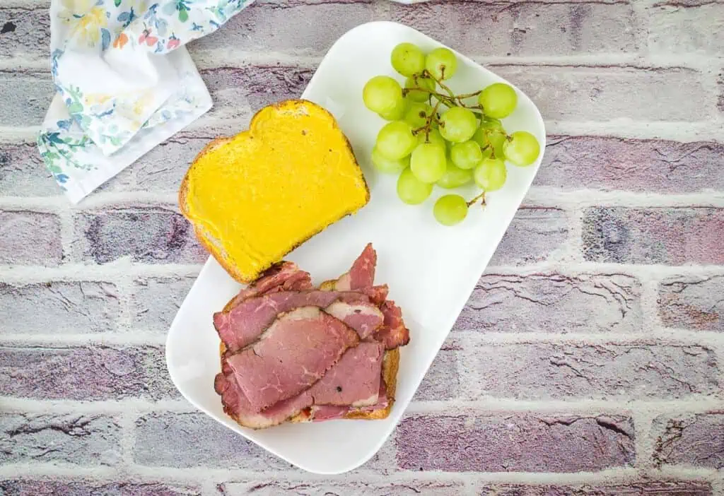 A top-down shot of a Montreal Smoked Meat sandwich.