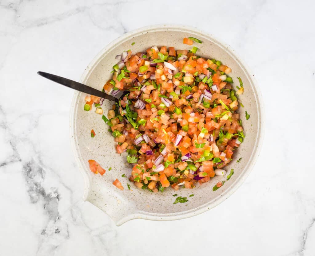 Everything mixed in a bowl to make Pico de Gallo.