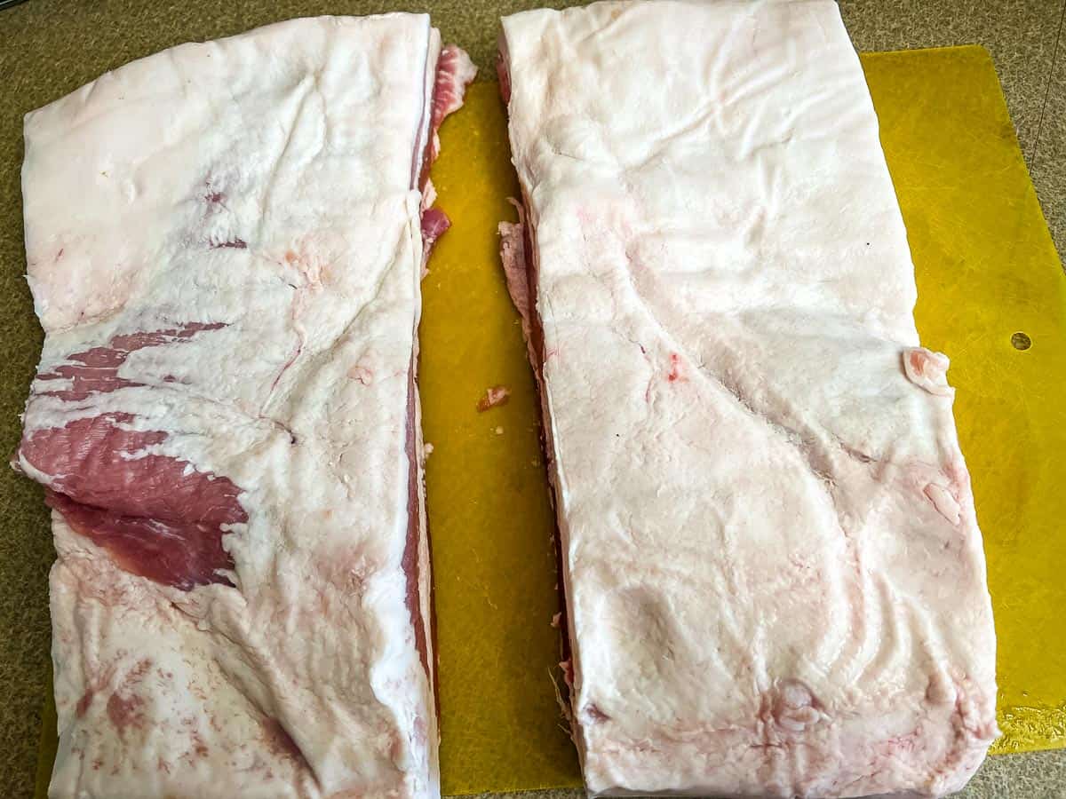 Slabs of pork belly ready for curing.