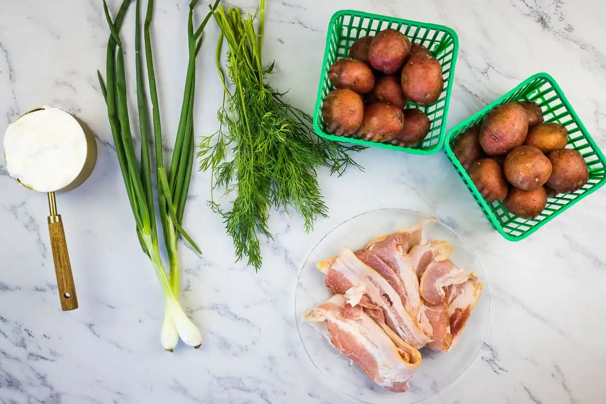 Ingredients to make Potatoes with Sour Cream and Bacon.