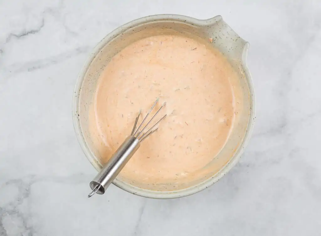 Mixed Russian dressing in a bowl.
