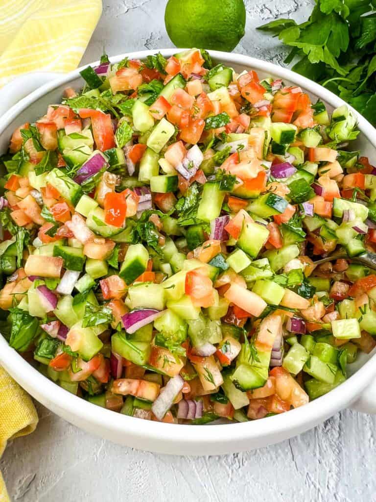A closeup of Shirazi Salad in a bowl.