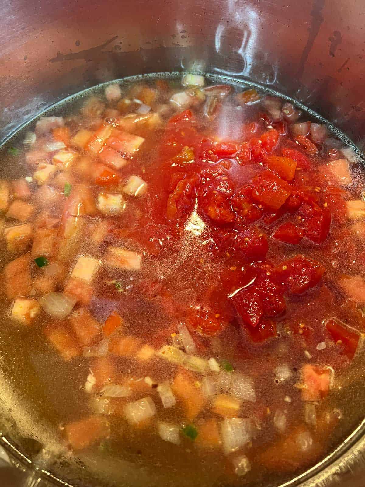 Broth and tomatoes added to the soup pot and simmering.