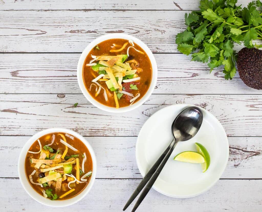 Top-down shot of two bowls of Turkey Tortilla Soup.