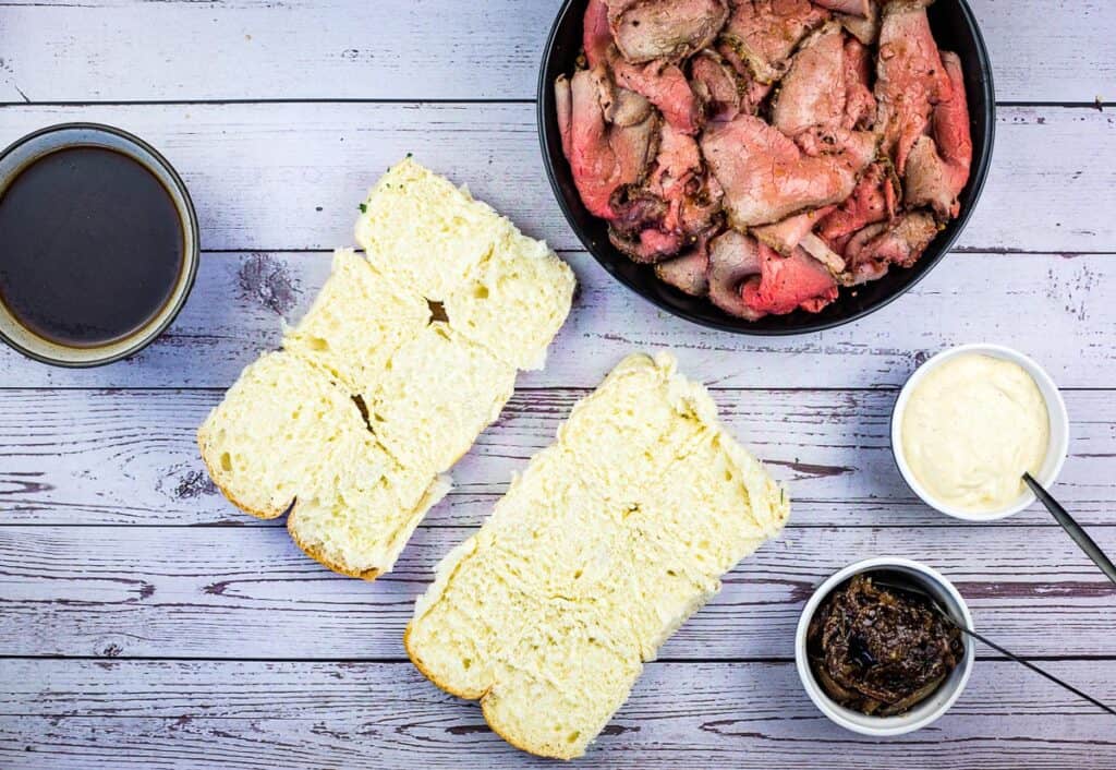Smoked French Dip Sliders ready to assemble.
