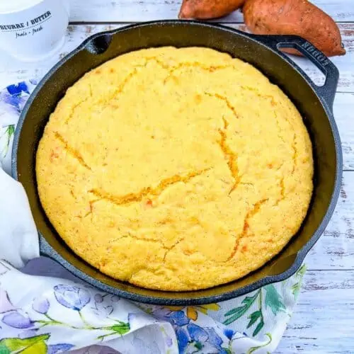 Sweet Potato Cornbread in a black skillet.