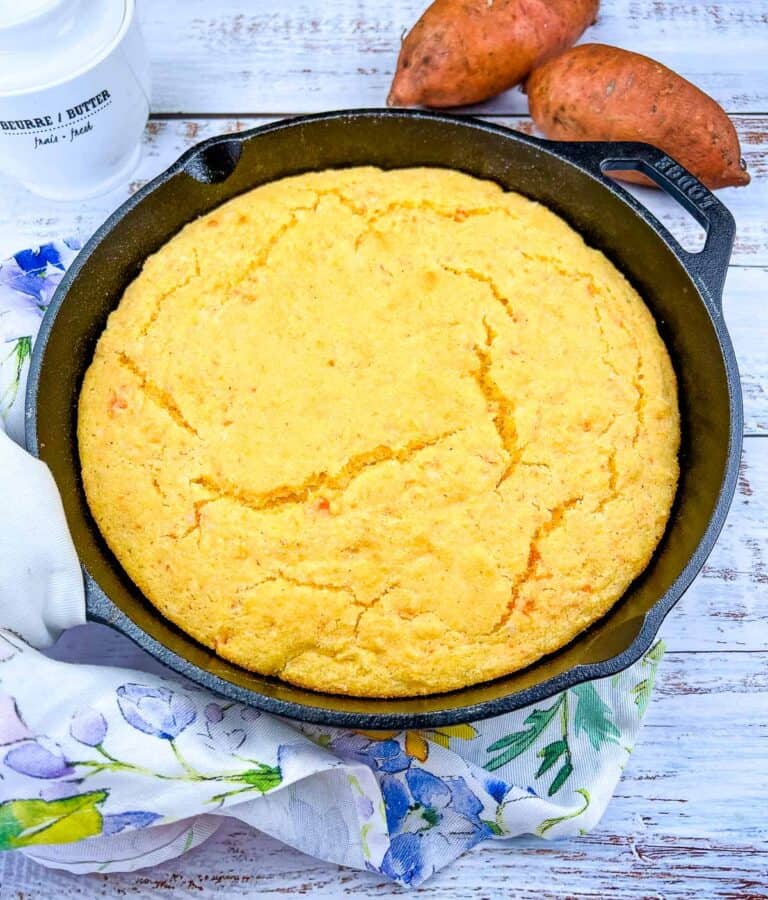 Sweet Potato Cornbread in a black skillet.