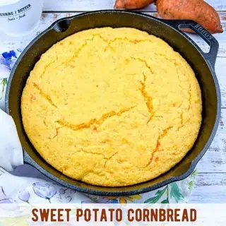 Sweet Potato Cornbread in a black skillet.