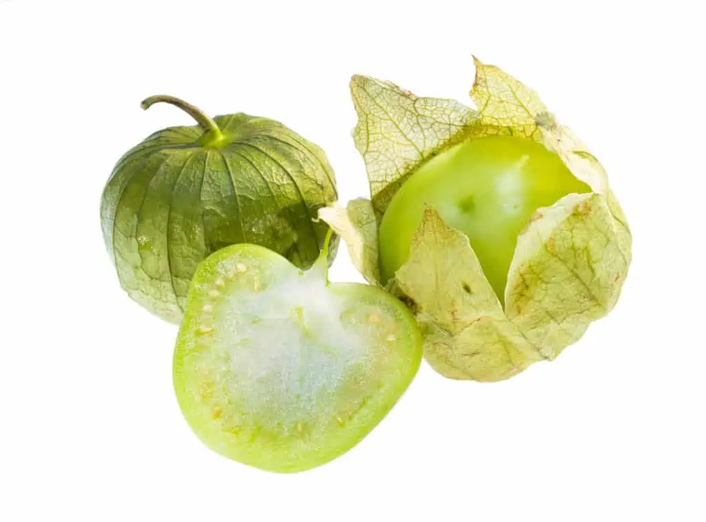 Tomatillos on a white background.