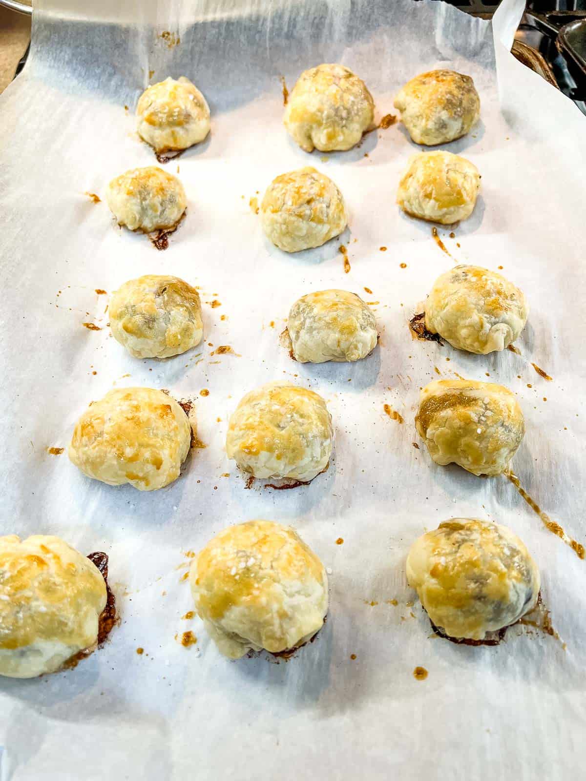 Baked Beef Wellington Bites on the baking sheet.