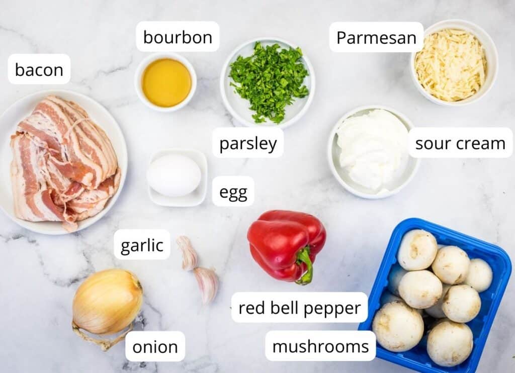 Labeled filling ingredients to make Bacon and Mushroom Tartlets.