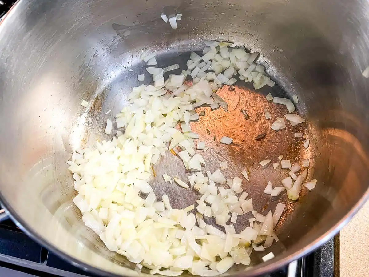 Sauteing the onion in a large pot.