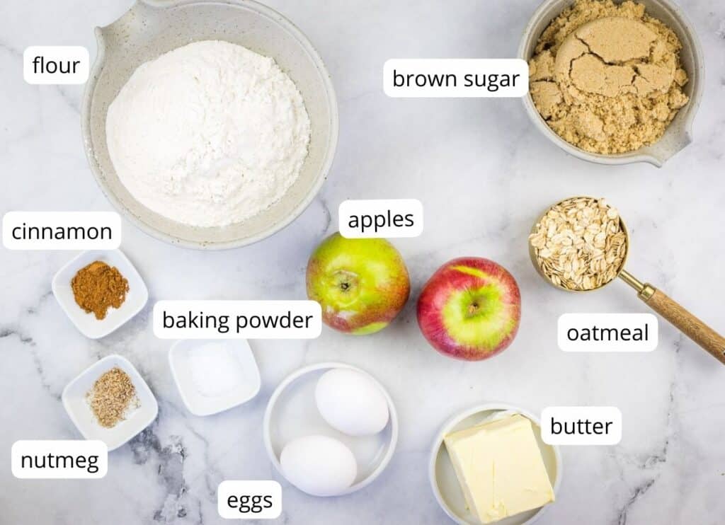 Labeled ingredients to make Brown Butter Apple Blondies.