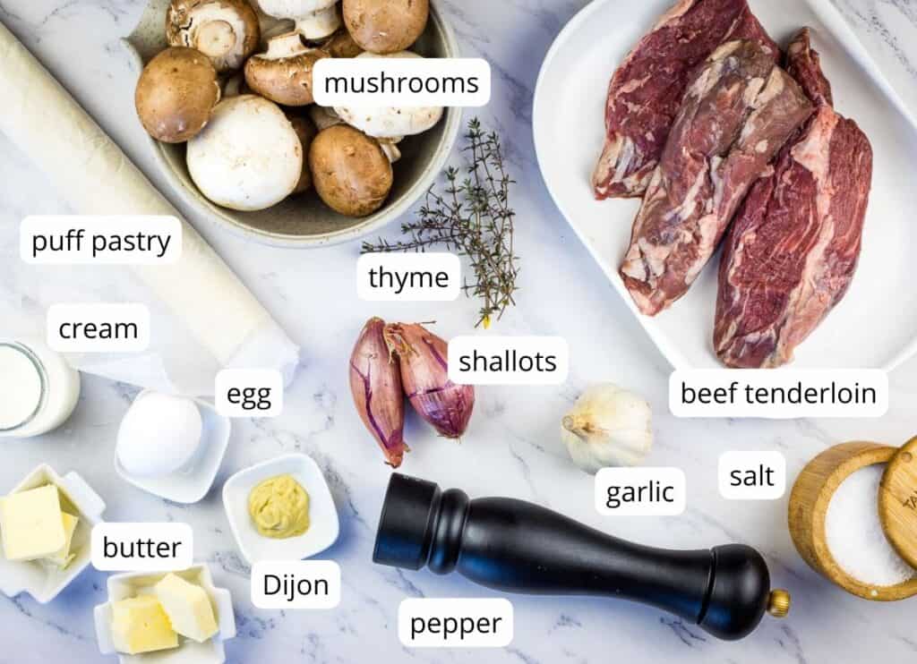 Labeled ingredients to make Beef Wellington Bites.