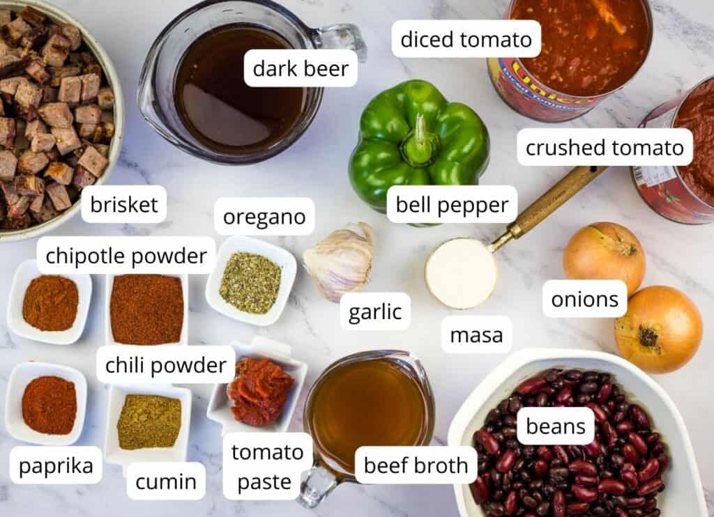 Labeled ingredients to make Smoked Brisket Chili.
