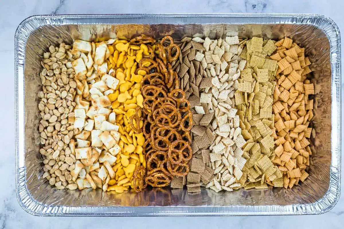 Dry ingredients in a foil pan.