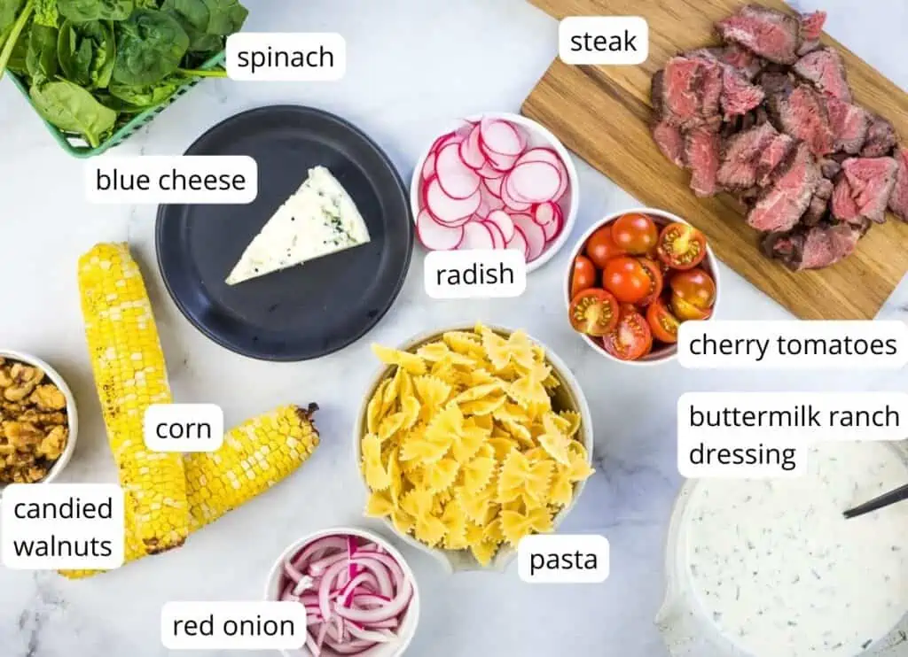 Steak and pasta salad ingredients.