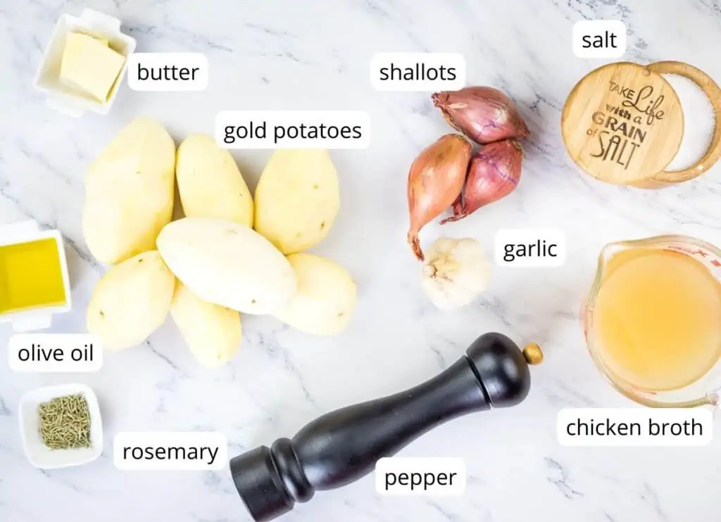 Labeled ingredients to make garlic and rosemary braised potatoes.