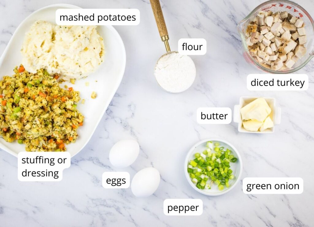 Labeled ingredients to make Thanksgiving Stuffing, Turkey, and Mashed Potato Patties.
