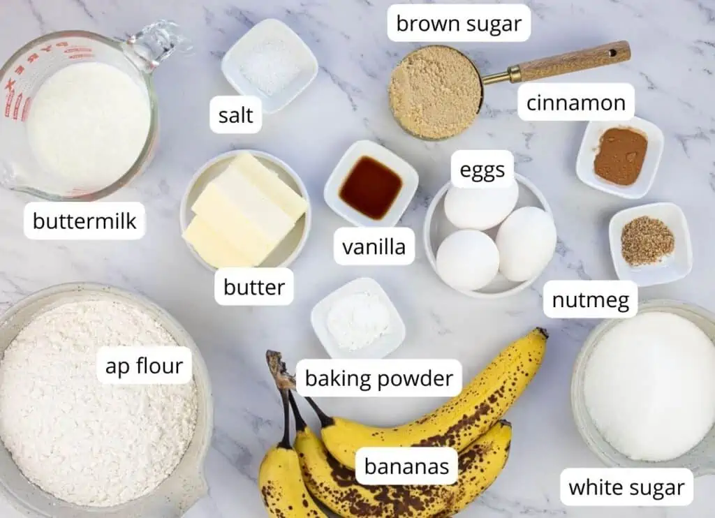 Labeled ingredients to make Buttermilk Banana Cake.
