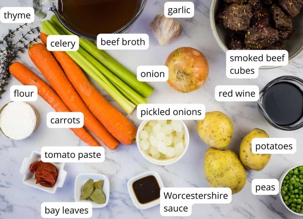 Labeled ingredients to make Smoked Beef Stew.