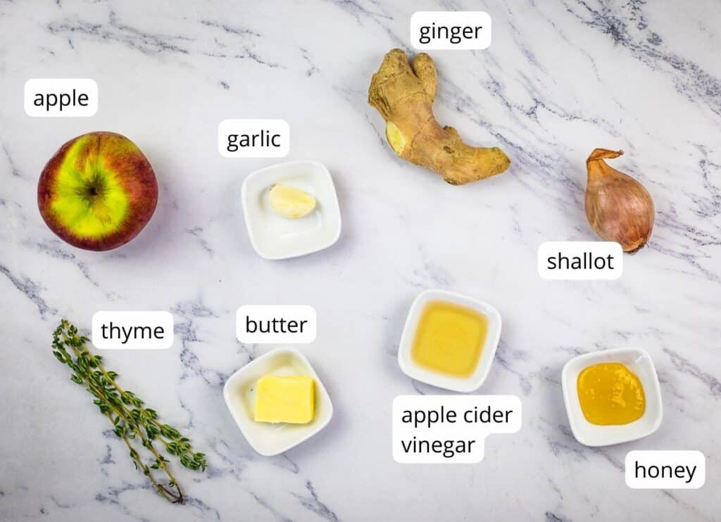 Labeled ingredients to make Baked Brie with Apple Ginger Chutney