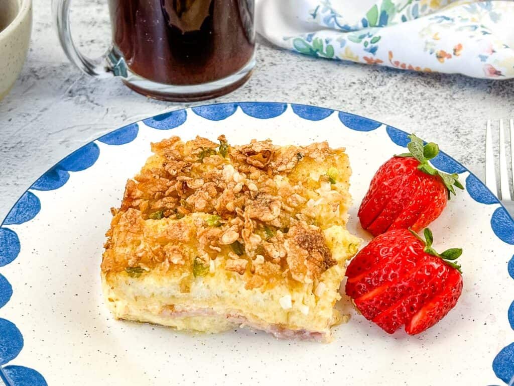 A closeup of Christmas morning casserole on a plate.
