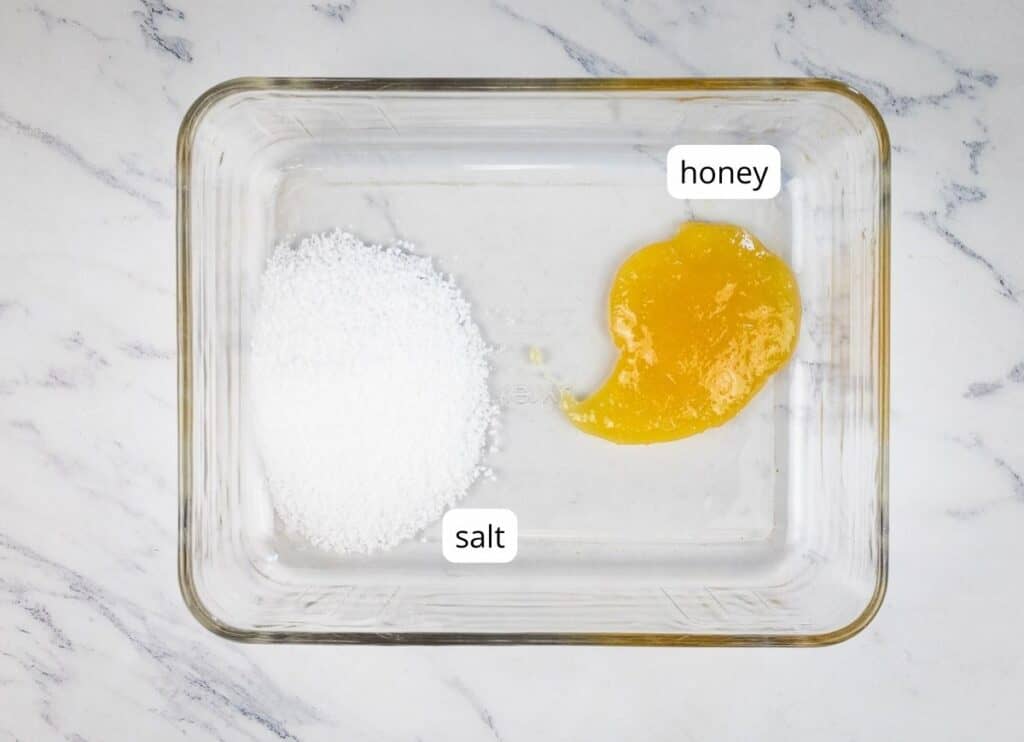 Honey and salt in a dish ready for the brine.