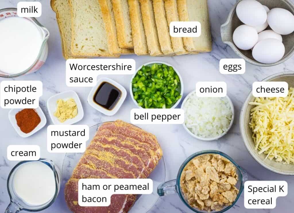 Labeled ingredients to make Christmas Morning Casserole.